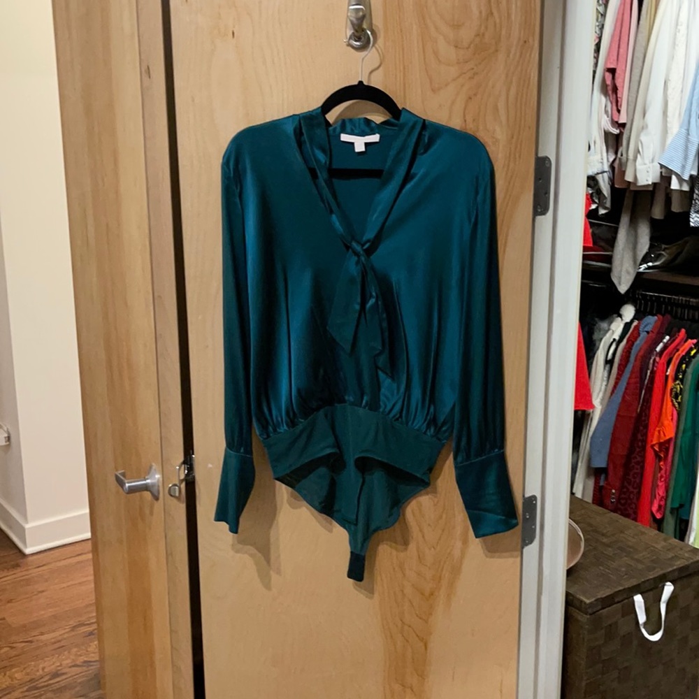 Emerald green silk bodysuit blouse